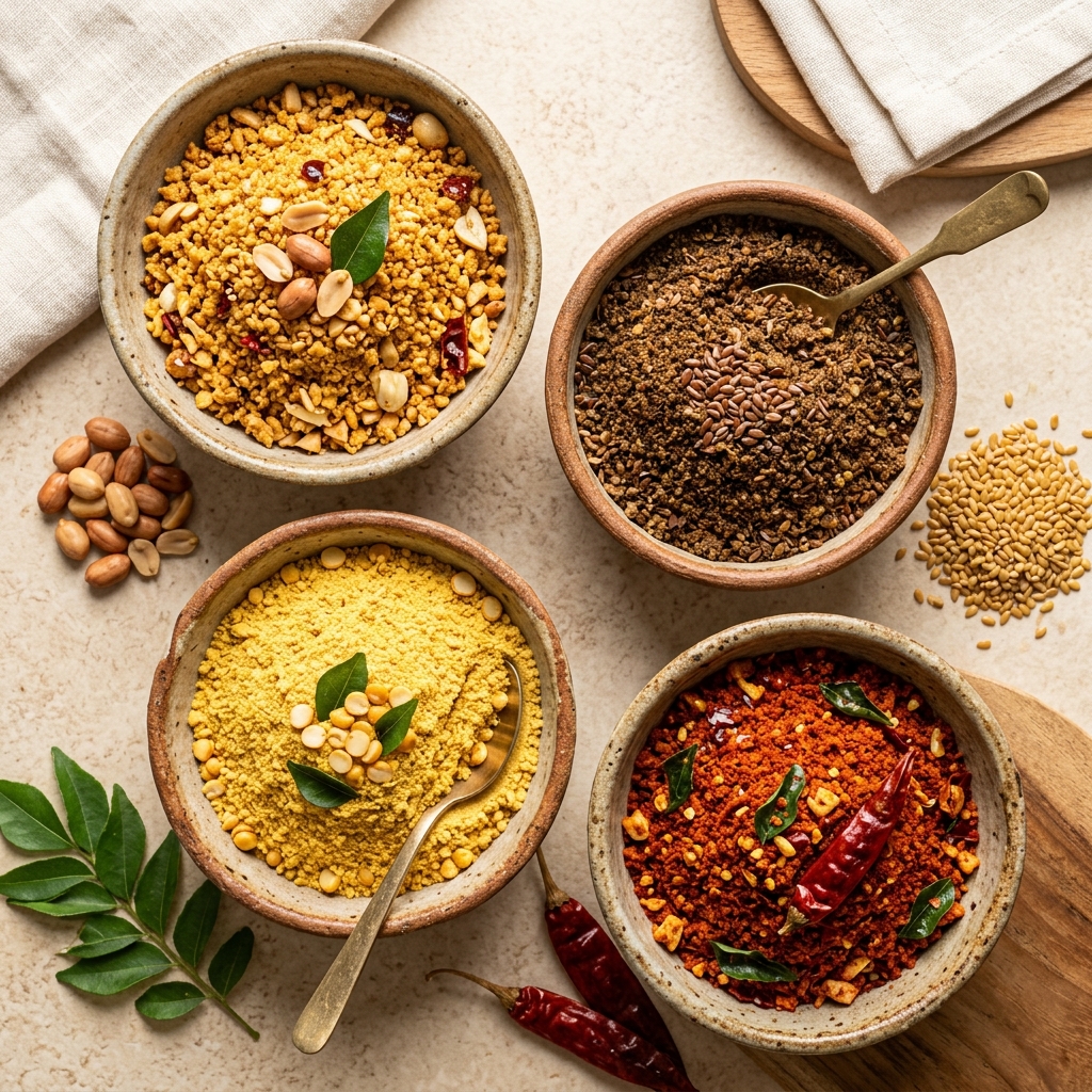 Spicy Chutney Powders - Peanut, Flaxseed, Roasted Gram and Various Other Traditional Condiments
